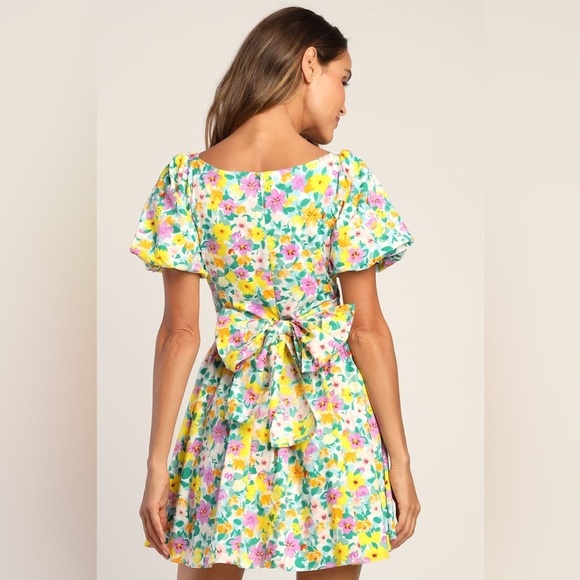 Lulus Attract Attention Multi Floral Puff Sleeve Tie-Front Mini Dress Women’s S - Picture 3 of 13